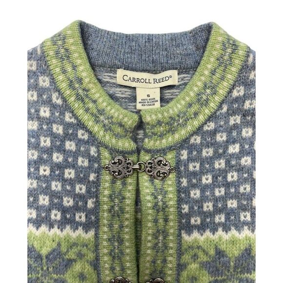 Vintage Carroll Reed Green‎ Gray Wool Frog Clasp Fair Isle Cardigan Sz Small - Picture 6 of 8